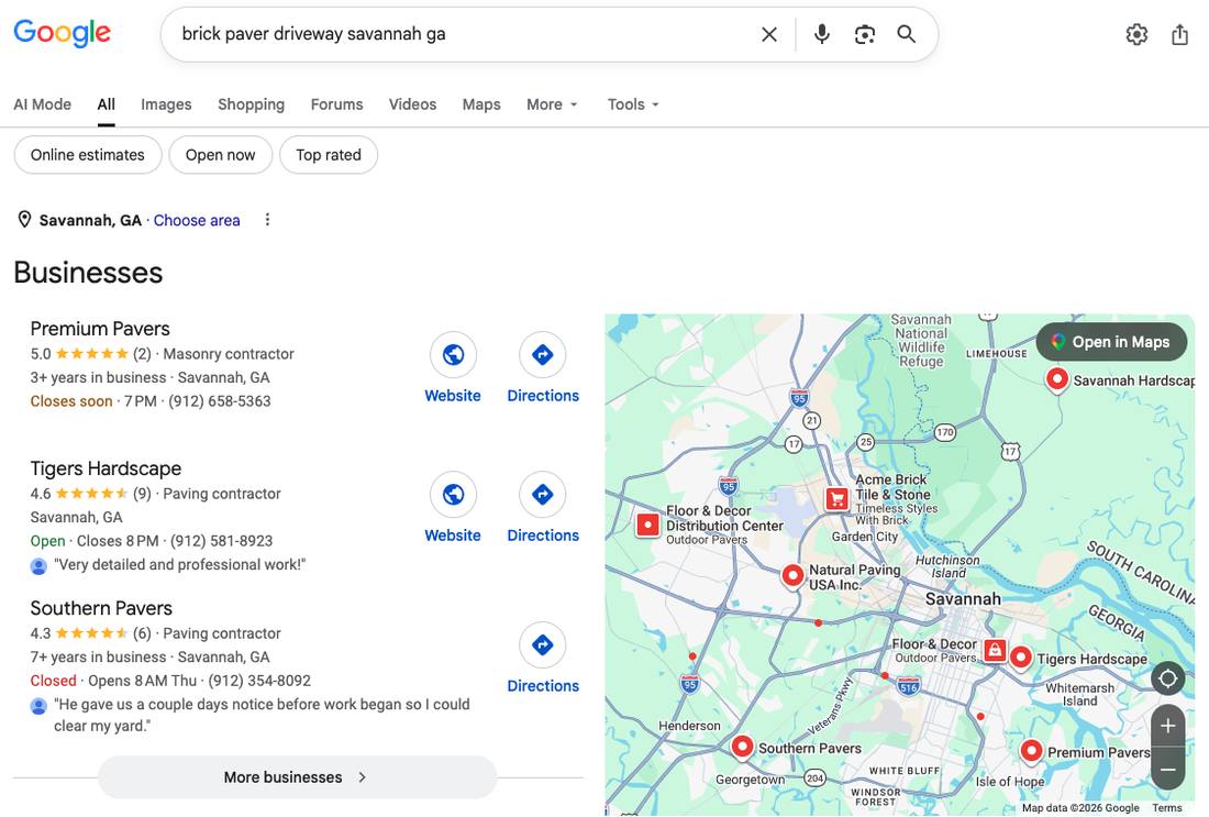 Busca por brick paver driveway savannah ga no Google, com tr&ecirc;s empresas no bloco de destaque, nenhuma delas a Locatelli